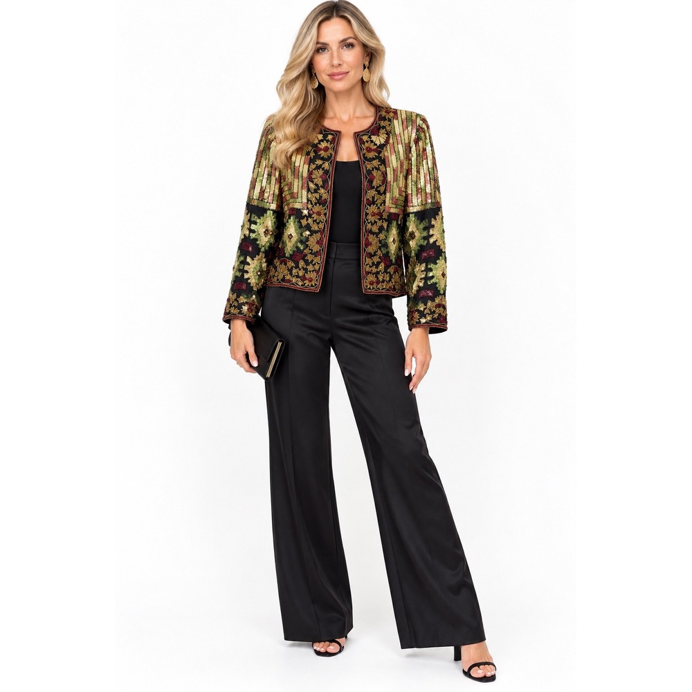 Adrianna Papell  Evening Jacket Medium Silk Beaded Sequin Floral Bolero Vtg